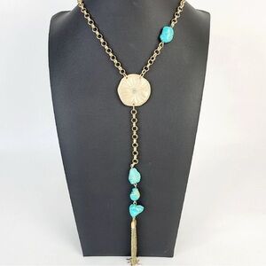 Chico's‎ Turquoise & gold Tone Bead Necklace w floral Pendant & Tassel